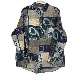 Vintage Goouch Long Sleeve Shirt Mens Size L Silk Linen Blend Retro Print